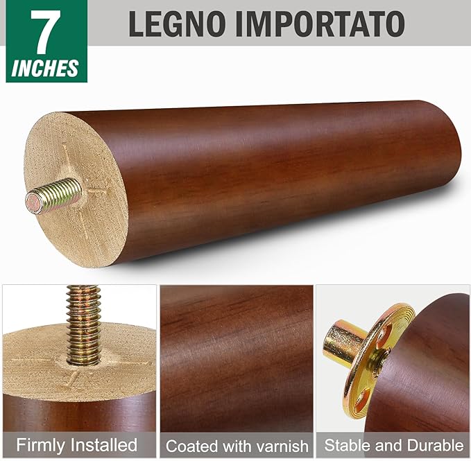 FoDau770 Brown Rubber Wood Furniture Legs 7 Inches, Slant Tapered Wood Feet Mid Century Sofa Legs Set of 4, 5/16" UNC Furniture Feet Replacement Parts for Cabinet Couch Dresser Chair Ottoman Table