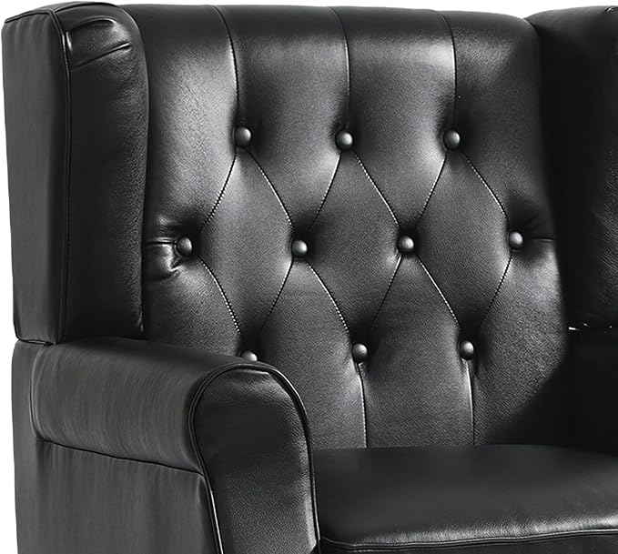 Faux Leather Accent Chairs Set of 2, High Back Upholstered Armchair for Living Room, Wingback Chair Comfy Single Sofa Bedroom Reading Seat with Solid Wood Legs - Black