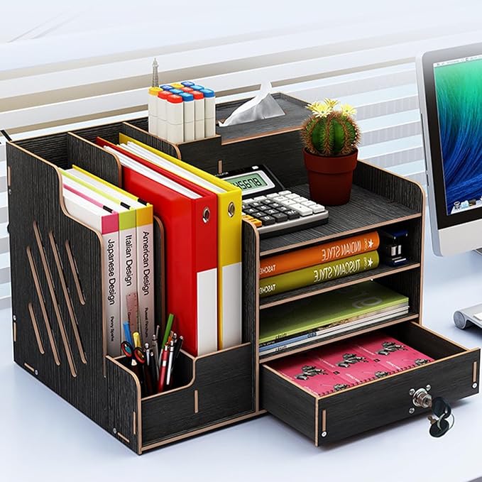 Bamboo Desk Organizer, Desktop Wood Bookshelf File Organizer, Pen Holder and Tissue Holder, 1 Drawer with lock for Office, Home, Need to Install (Light black)
