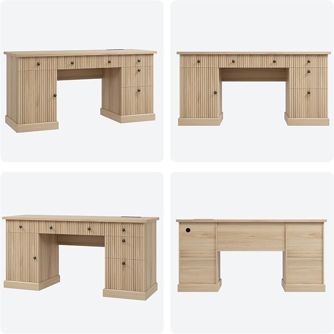 Garvee 60" Office Desk with Storage & Drawers. Fluted Wood Computer Desk with Power Outlet & Adjustable Shelves.Modern Executive Desk for Home Office/Bedroom/Gaming-Burlywood