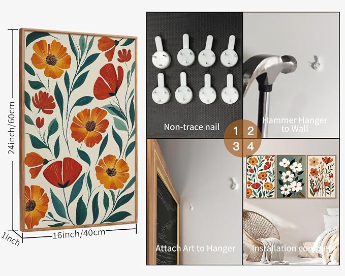 KaiWithYuan Vintage Floral Framed Canvas Wall Art, Boho Burnt Orange Flower Wall Decor, White Wild Flower Art Paintings, Retro Cozy Farmhouse Botanical Artwork for Bedroom Living Room Office 16"x24"x3