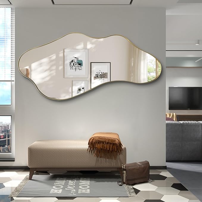 Large Irregular Mirror, 63"x30" Asymmetrical Full Length Mirrors for Dressing, Unique Shaped Mirror Decorative, Gold Abstract Wall Mirrors for Living Room Bathroom Bedroom Hallway Entryway