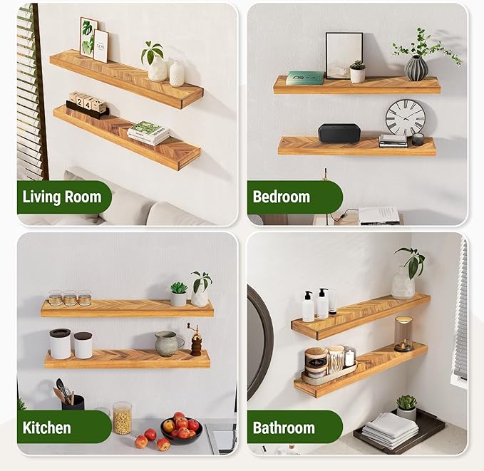 24" Acacia Chevron Floating Shelves Set of 2 - Wall Mounted Wooden Shelf for Stylish Home Dรฉcor - Natural Color - 24x6.7x1.5 Inches