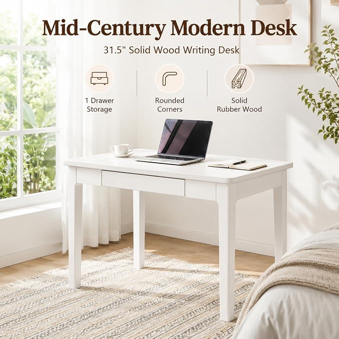 Mid Century Modern Desk with Drawers,31.5 inch Solid Wood White Writing Desk for Home Office Bedroom,Small Computer Desk for Spaces Easy Assembly