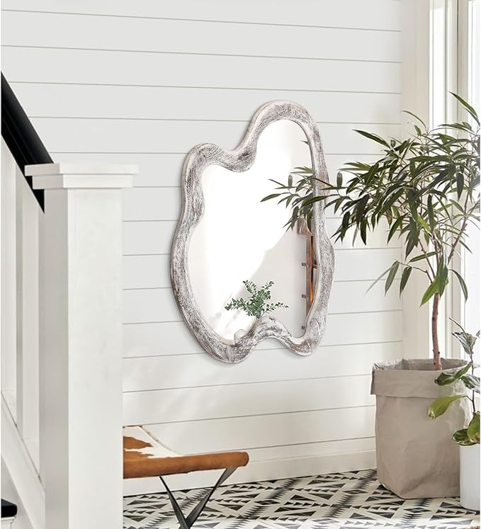 AAZZKANG Irregular Wooden Wall Mirror 28"x20" Asymmetrical Large Minimalist Decorative Mirrors for Wall,Rustic Irregular for Bedroom Living Room Entryway