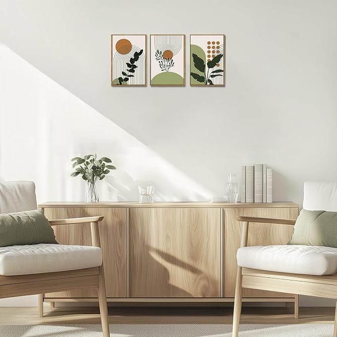 Bwodke Boho Wall Art, Framed Abstract Wall Art, Botanical Canvas Wall Decor, Mid Century Plant Leaf Geometric Pictures Set of 3, Minimalist Paintings, for Bedroom Living Room Bathroom 12"x16"