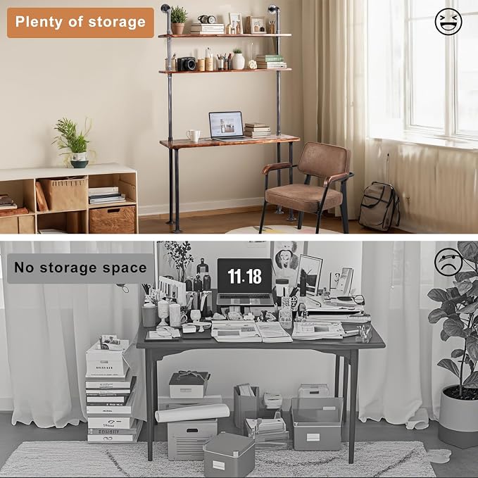 Industrial Leaning Desk with 2-Tiered Shelves Rustic Wall Mounted Computer Laptop Desk in Studying Room Farmhouse Writting Drafting Table for Office Pipe Design