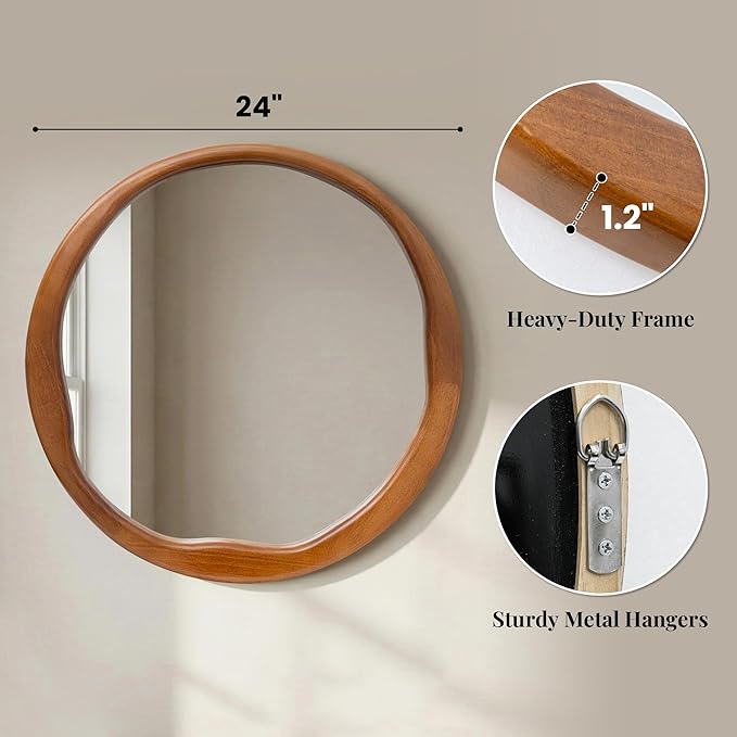 Round Walnut Mirror 24 Inch, Asymmetrical Wavy Inner Edge Wall Mirror for Bathroom Vanity, Bedroom, Solid Wood Irregular Retro Decor