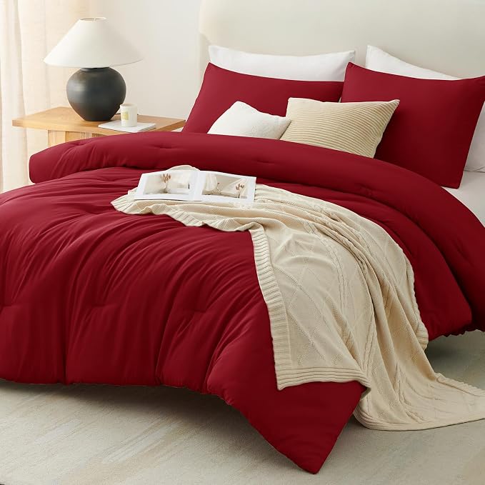 CozyLux California King Comforter Set Dark Red, 3 Pieces Cal King Lightweight Down Alternative Quilted Bedding Sets, All Season Breathable Solid Comforter with 2 Pillowcases, Bed Set Gift for Home