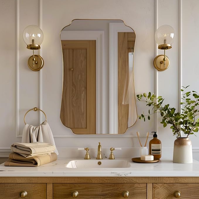 ANDY STAR 24"x36" Gold Mirror, Brushed Brass Scalloped Wall Mirror, Bathroom Wall Mirror with Stainless Steel Metal Framed Ideal for Bedroom, Hallway
