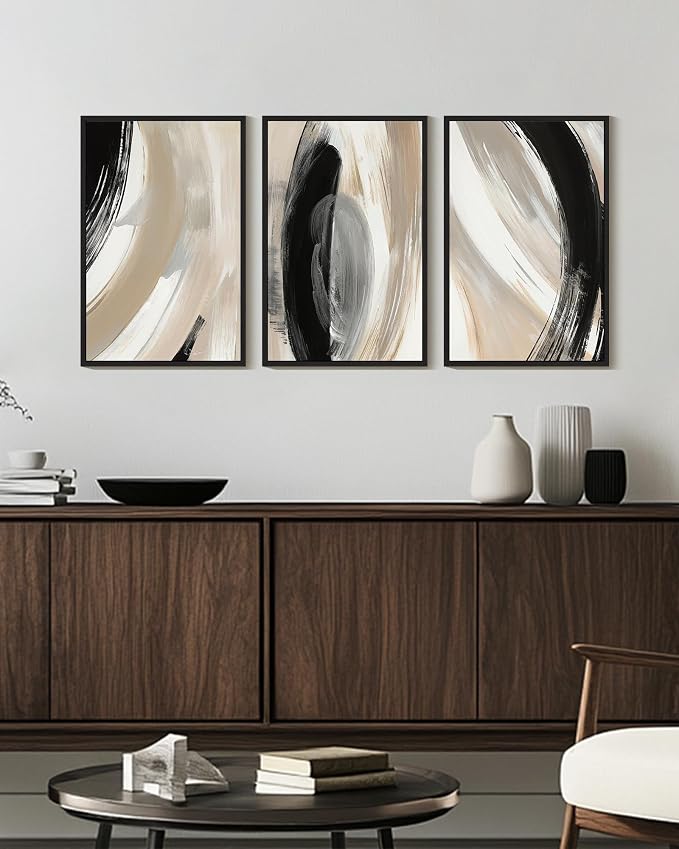 KUVIOKE Black Abstract Framed Wall Art Neutral Minimalist Graffiti Pastel Wall Decor Modern Illustration Art Painting for Bedroom Dining Room 16x24in (Black Framed)