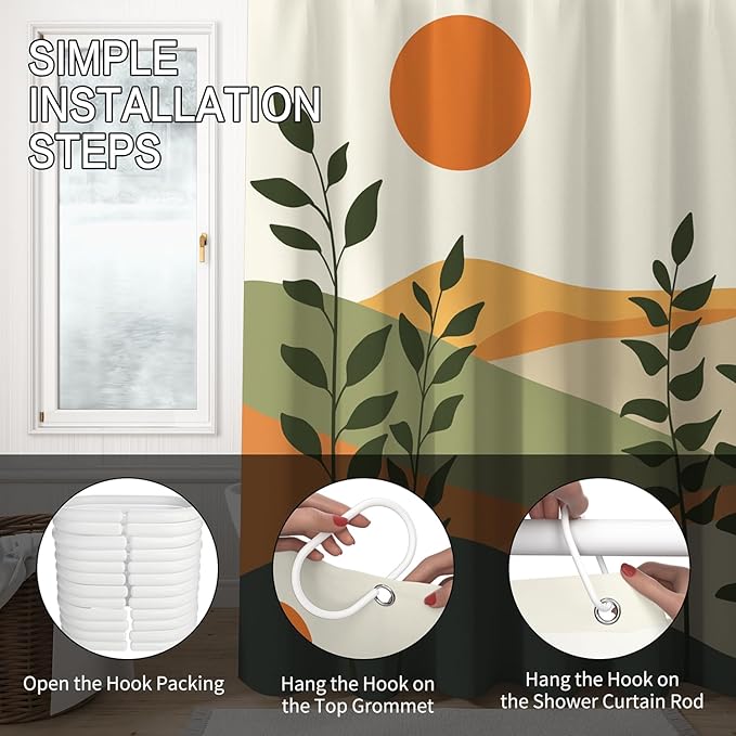 Boho Mid Century Shower Curtain for Bathroom Modern Abstract Sun Botanical Leaves Bath Curtain Neutral Minimalist Plant Waterproof Fabric Bathroom Decor Set with Hooks 60x72 inch