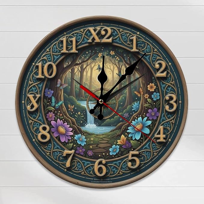 Enchanted Forest Wooden Wall Clock Silent Non Ticking - Frameless 10/12 Inch Battery Operated Decor for Living Room Bedroom Office Kitchen