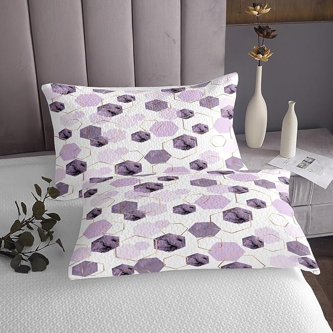 Erosebridal Lavender Purple Modern Quilt Set Twin - Marble Grain Geometric Coverlet Set, Fresh Abstract Geometric Art Bedspread Sets for Boys Girls Watercolor Hexagon Bed Sets with 1 Pillowcase
