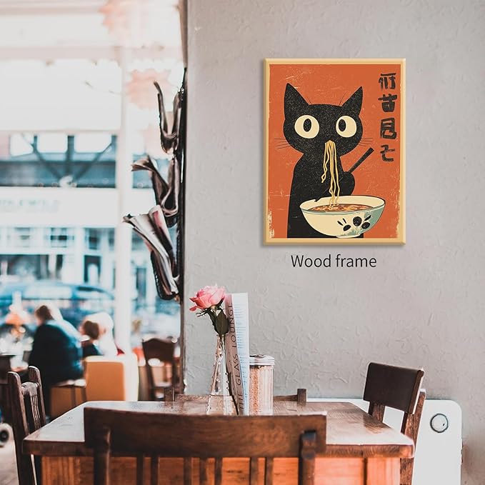 Funny Black Cat Eat Ramen Noodles Poster Vintage Japanese Kitchen Food Wall Art 24X36 inch Framed Whimsical Cute Animal Canvas Prints for Restaurant Wall Decor
