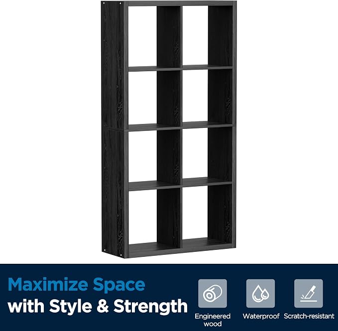 Black 8-Cube Storage Organizer Shelf – Heavy-Duty Engineered Wood, Easy Assembly, 25.12" L x 9.37" W x 48.74" H, for Living Room, Bedroom & Office