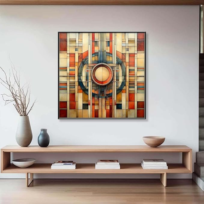 Glethua Mid Century Modern Colorful Canvas Wall Art, Geometric Abstract Wall Decor, Neutral Home Decor Aesthetic, Minimalist Artwork for Office Living Room Bedroom (Gold Framed, 30"x30"/76x76cm)