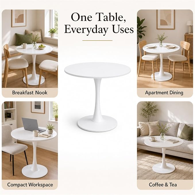 Modern 31.5" Round Tulip Dining Table White Pedestal Table for 2–4 Small Kitchen Table Apartment Breakfast Nook Mid Century Style Compact Dining Room(No Chairs)