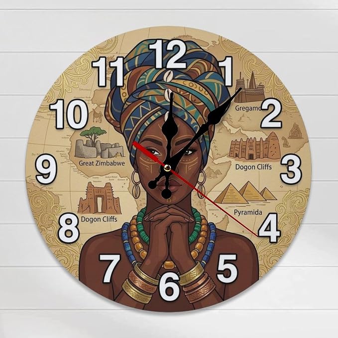African Woman Art Wooden Wall Clock Silent Non-Ticking Battery Operated for Global Inspired Home Decor Kitchen Office Bedroom 10 12 Inch Round Frameless