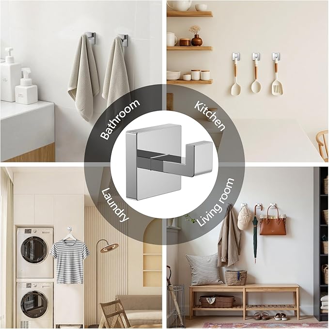 Kruodop 4 PCS Towel Hooks for Bathroom, Wall Mount Towel Holder, Black Matte Wall Robe Hook,Square Stainless Steel Door Hanger Towel Hook for Kitchen, Bedroom,Hotel,Pool,Coats(Silver)