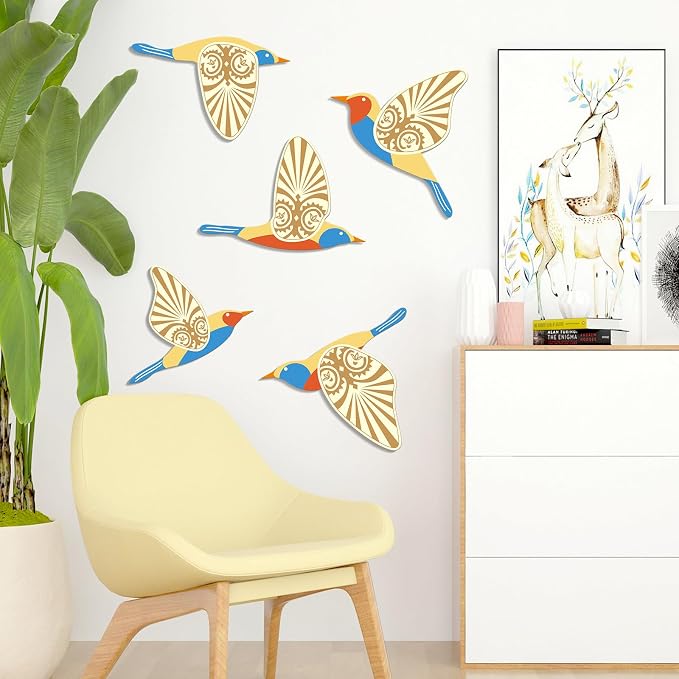 KOYILTD 5 Piece Bird Wood Wall Sculptures Wooden Wall Art Decor Scandinavian Home Decorations Flying Bird Wall Decor Farmhouse Wall Art for Home Living Room Bathroom Dining Room (Multicolor)