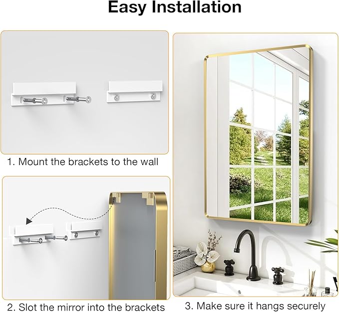 24x36 inch Gold Bathroom Mirror, Brushed Gold Metal Framed Rounded Rectangle Wall Mount Vanity Mirror, HD Tempered Glass, Aluminum Frame, Horizontal or Vertical Hanging, Modern Home Decor