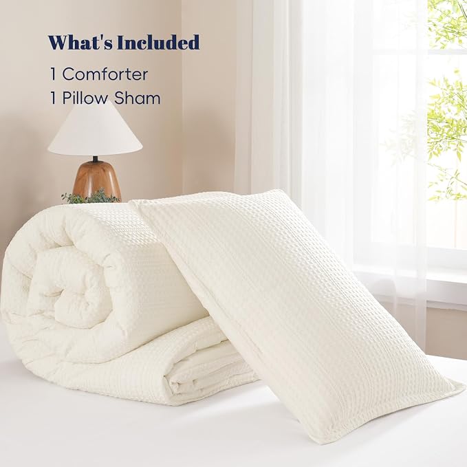 PHF Soft Waffle Comforter Set Twin Size- Comfy Breathable Waffle Weave Comforter with 1 Pillow Shams, 2 Pieces Less Snagging Lightweight Textured Bedding Set for All Season, Cream