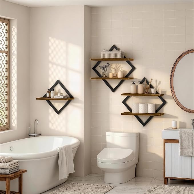 Geometric Floating Shelves Set of 3, Decorative Rustic Wall Shelves for Living Room, Bedroom & Bathroom, Wood & Metal Farmhouse Wall Mounted Display Shelves for Plants, Picture Frames & Small Decor