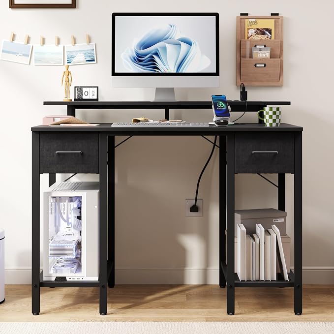 Furnify Black Computer Desk with Drawers, 42 Inch Home Office Desk Study Writing Table, Gaming Desk with USB Power Outlets, Office Desk with Fabric Drawer, Work Table with Shelf for Bedroom, Black