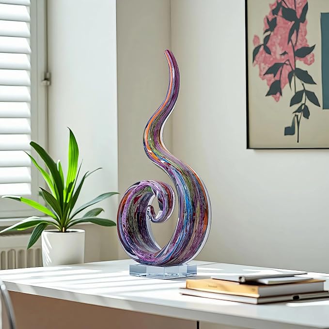 Hand Blown Murano Style Glass Sculpture, 14" Single Spiral Flame Abstract Art Figurine Collectible, Modern Home Decor for Living Room Office Aquarium, Unique Gift for Art Lovers