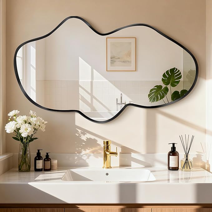 Irregular Wall Mirror, Black Bathroom Wavy Abstract Mirror for Over Sink, Decorative Cloud-Shaped Wall Mirror, Stylish Shatter-Proof HD Mirror for Bedroom, Entryway (22"x36", S, 2 Pack)
