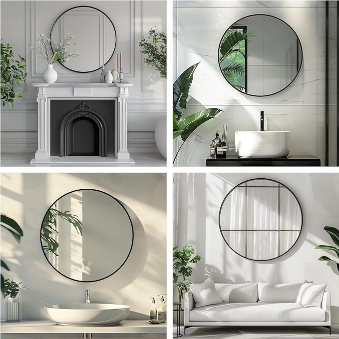 Black Round Mirror, 20 Inch Black Circle Mirror, Metal Frame Round Wall Mounted Mirrors for Bathroom, Living Room, Bedroom, Entryway, Vanity