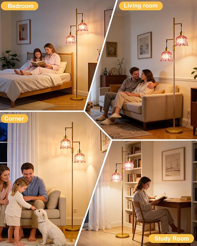 2-Light Modern Glass Floor Lamp, Gold Tall Standing Lamp with Deep Red Flower Glass Shade for Reading, Dimmable LED Floor Lamp with 5Lbs Heavy Base for Living Room Bedroom Home Decor, Bulb Included