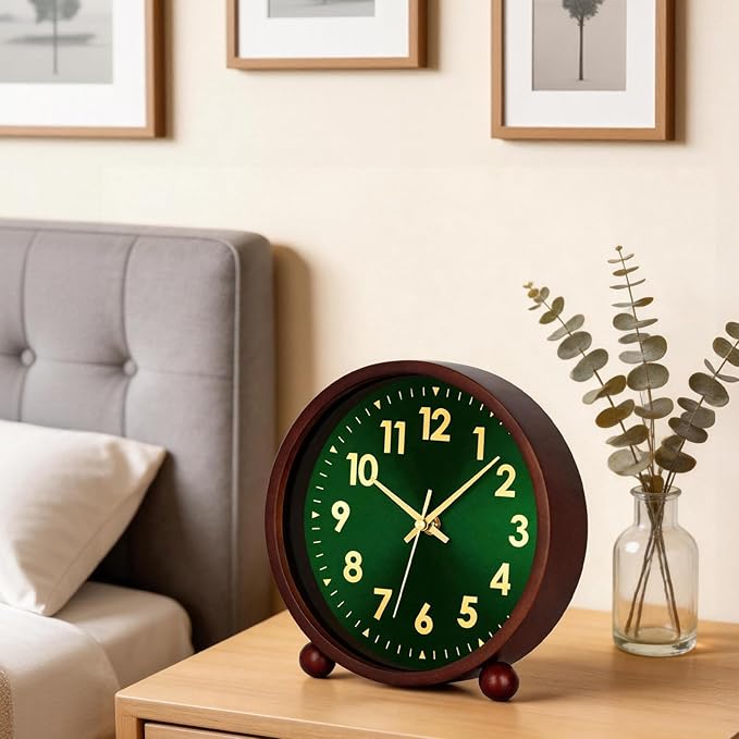 Maxspace Wooden Table Clock,8in Silent Non-Ticking Desk Clock, Battery Operated Desktop Analog Clock for Living Room Office Bedroom Decor (Green Gold - Walnut, Wooden Ball Base)