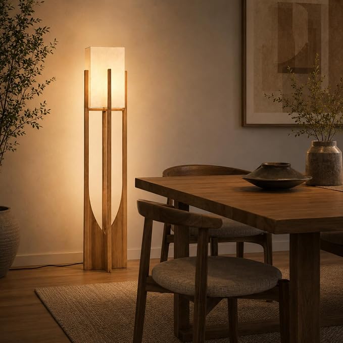 Solid Wood Floor Lamp, 57.1" Mid Century Modern Standing Lamp with Arch Base & Brass Hardware, Linen Shade for Living Room Bedroom Reading Corner, Walnut (LED Bulb Included)