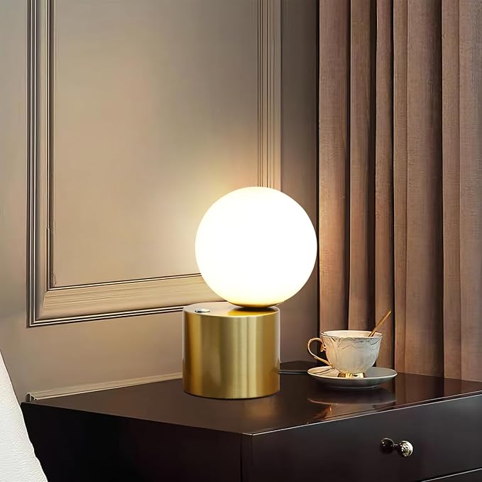 Gold Globe Dimmable Table Lamp, Nightstand Lamps Mid Century Modern Desk Lamp with Milk White Glass Shade for Dorm,Bedroom(Low)