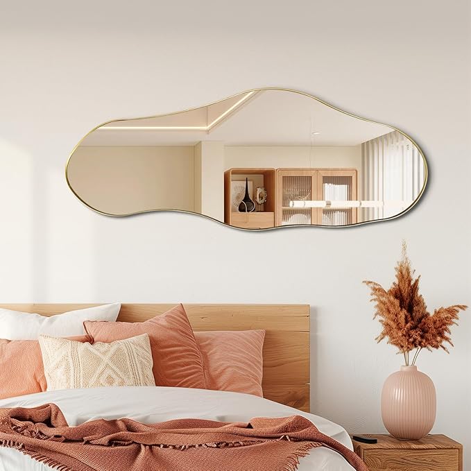 Large Irregular Wall Mirror, 55"x22" Asymmetrical Decorative Accent Mirror with Gold Metal Frame, Organic Shape Mirrors for Entryway Bedroom Living Room, Horizontal or Vertical Hanging