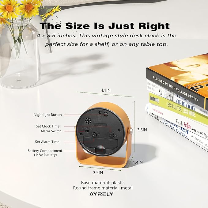 AYRELY® 3.5 Inch Small Analog Alarm Clocks,Battery Operated Desk Clock,Cute Table Clock with Light,Adjustable Angle for Travel,Bedside,Bedroom,Kids,Living Room Decor(Orange)