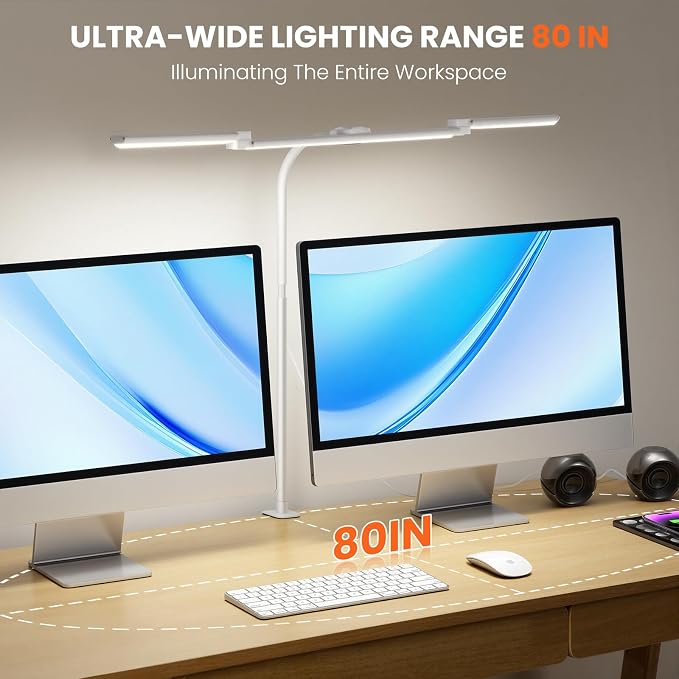 LED Desk Lamp for Office Home, Adjustable 3 Head Computer Monitor Light with Clamp, Eye Caring Clip on Desk Light Stepless Dimming, Auto-off Timer Architect Desk Lamp for Reading Study Workbench White