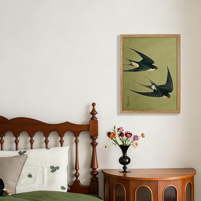 Framed Japanese Flying Swallow Wall Art Asian Japandi Bird Animal Poster Nature Vintage Green Canvas Prints for Living Room Bedroom Home Decor 16x20 inch