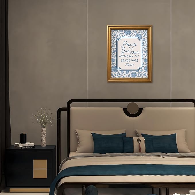 Framed Vintage Christian Wall Art Praise God From Whom All Blessings Flow Poster Light Blue Floral Scripture Print Retro Bible Verse Canvas Painting for Home Faith Based Decor 16x24inch