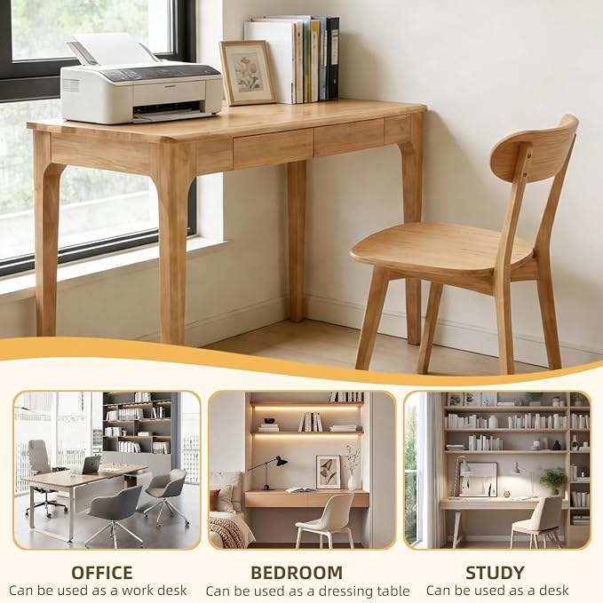 Solid Wooden Desk with Drawers, Small Writing Desk with Drawers for Computer, PC Desk for Work, Study or Gaming, Easy to Assemble
