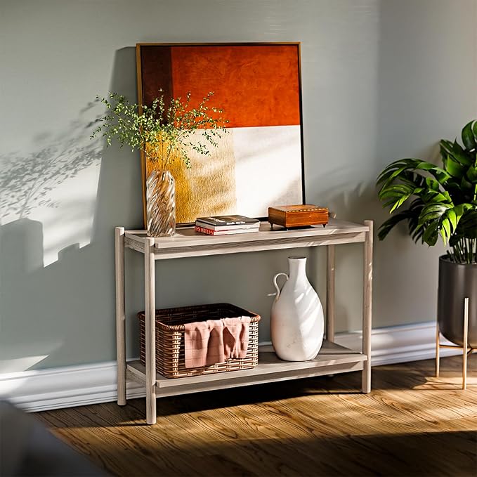 Bme Lyra Console Table, Pure Solid Wood with Oak Finish, Entryway and Hallway Living Room Table, 297 lbs Capacity, Adjustable Levelers, Easy Assembly, Large Open Shelf, Ideal for Any Space, Light Grey