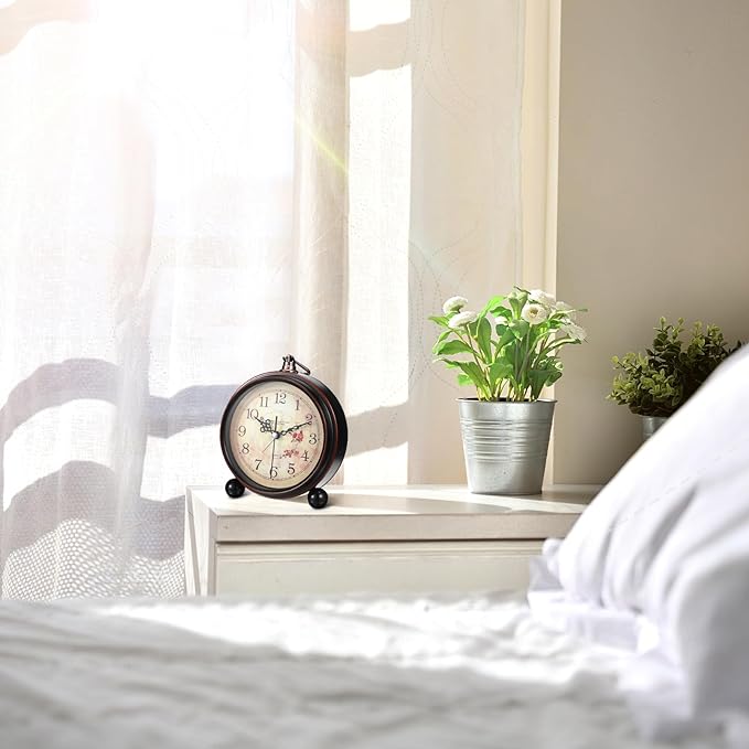 Veemoon Vintage Desk Alarm Clock - 8# Antique Silent Table Clock Decorative Quiet Non-Ticking Alarm - Retro European Style- for Kids, Office, Desk Bedside Shelf Decor, No Battery