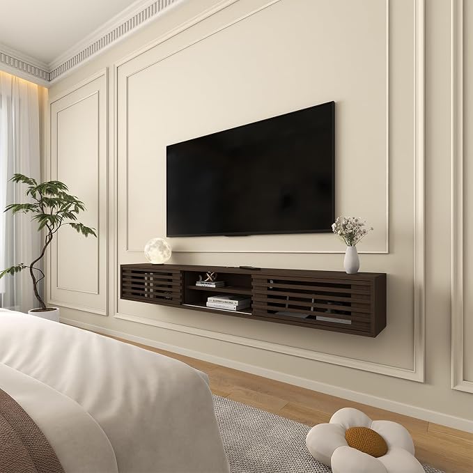 78" Floating TV Stand with Slatted Sliding Doors, Mid-Century Modern Wall Mounted Entertainment Center, Walnut Media Floating tv Console for 85 TV, Space-Saving Cable Management