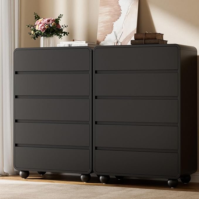 Lulive Wood Dresser for Bedroom, 41” Tall Chest of Drawers with 5 Drawers, Modern Closet Storage Drawer with Curved Profile Design for Living Room, Hallway, Entryway, Black