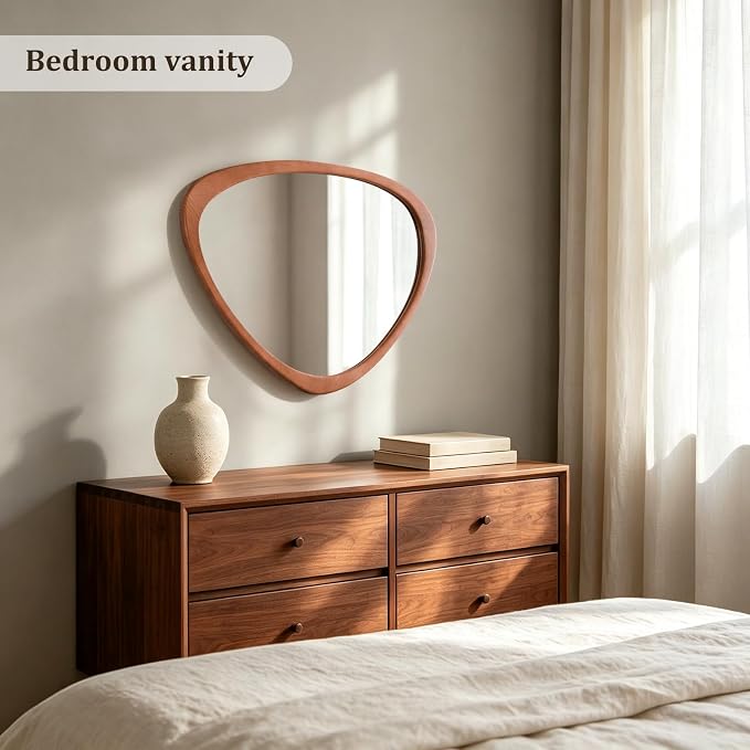 HOMECOOKIN 20" H x 25.5" W Asymmetrical Mirror, Irregular Wooden Wall Mirror for Bedroom, Living Room,Entryway– Boho Mid Century Modern Decorative, Solid Wood Frame, Pebble Shaped Design (Walnut)