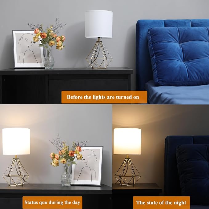 Gold Modern Small Table Lamp for Bedroom & Living Room - Geometric Metal Base, White Fabric Shade, Ideal for Bedside & Kids' Desk, Nightstand Lamp