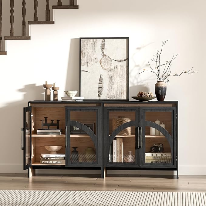 Accent Cabinet with Arched Glass Doors, 31.5” Modern Sideboard Buffet Cabinet with Adjustable Shelves, Storage Cabinet for Living Room, Entryway, Dining Room, Coffee Bar, Black & Oak
