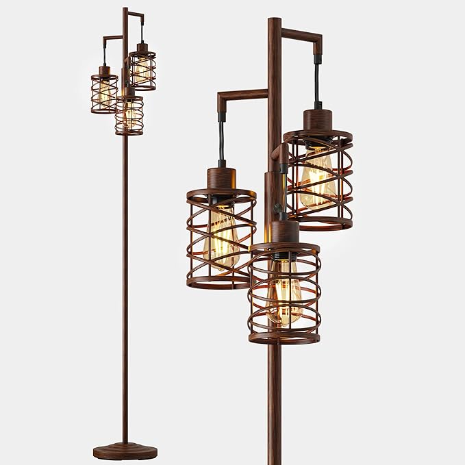BOBOMOMO 70" Farmhouse Dimmable Floor Lamp, Walnut Brown Industrial Metal Cage Standing Lamp with 3 LED Bulbs, Stepless Dimming Tall Tree Lamp for Living Room, Bedroom, Office, Corner